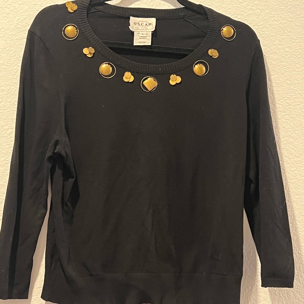 Oscar de la Renta Black Sweater with Gold Accents